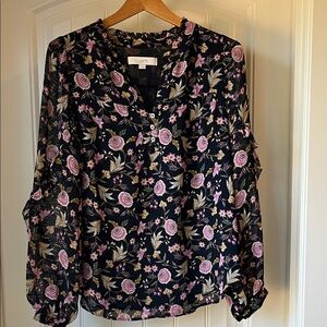 LOFT navy floral ruffled blouse